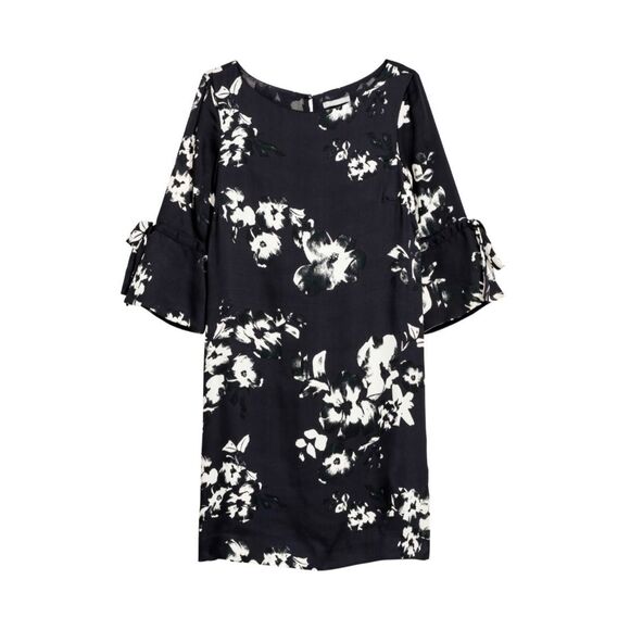 H&M Navy Satin Floral Shift Dress Size 4 Sleeve Bow Cuff Elegant Cocktail NWT - Picture 6 of 8